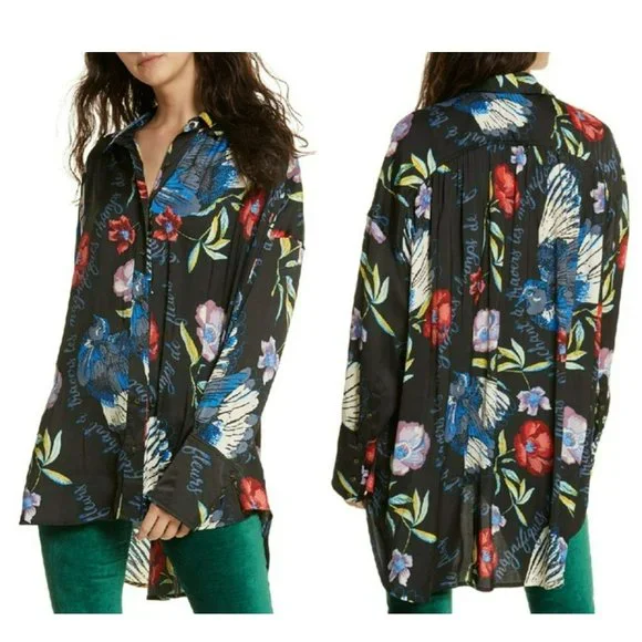 Free People Women's Black/Multi Floral Silky Nights Oversized Blouse Size XS/TP - Picture 2 of 12
